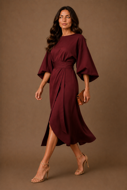Women's Elegant Fitted Midi Dress Belted Wrap Skirt With Puff Sleeves