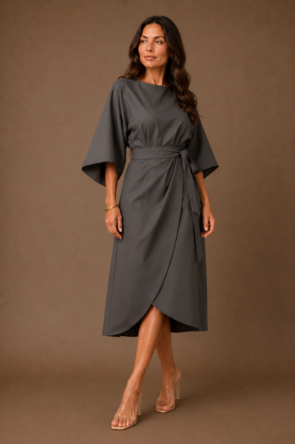 Women's Elegant Fitted Midi Dress Belted Wrap Skirt With Puff Sleeves