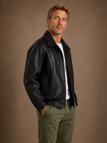 Men's Black Biker Leather Jacket Waterproof Lightweight Vintage Bomber