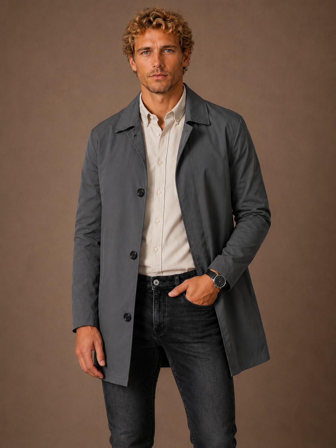 Men’s Long Waterproof Raincoat - Slim-Fit Trench Coat With Pocket Detail