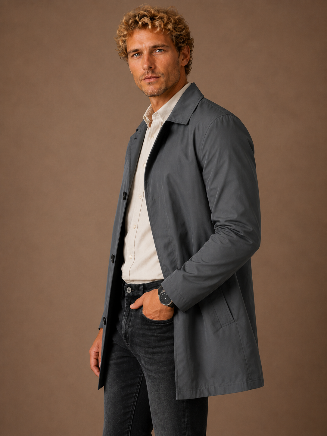 Men’s Long Waterproof Raincoat - Slim-Fit Trench Coat With Pocket Detail