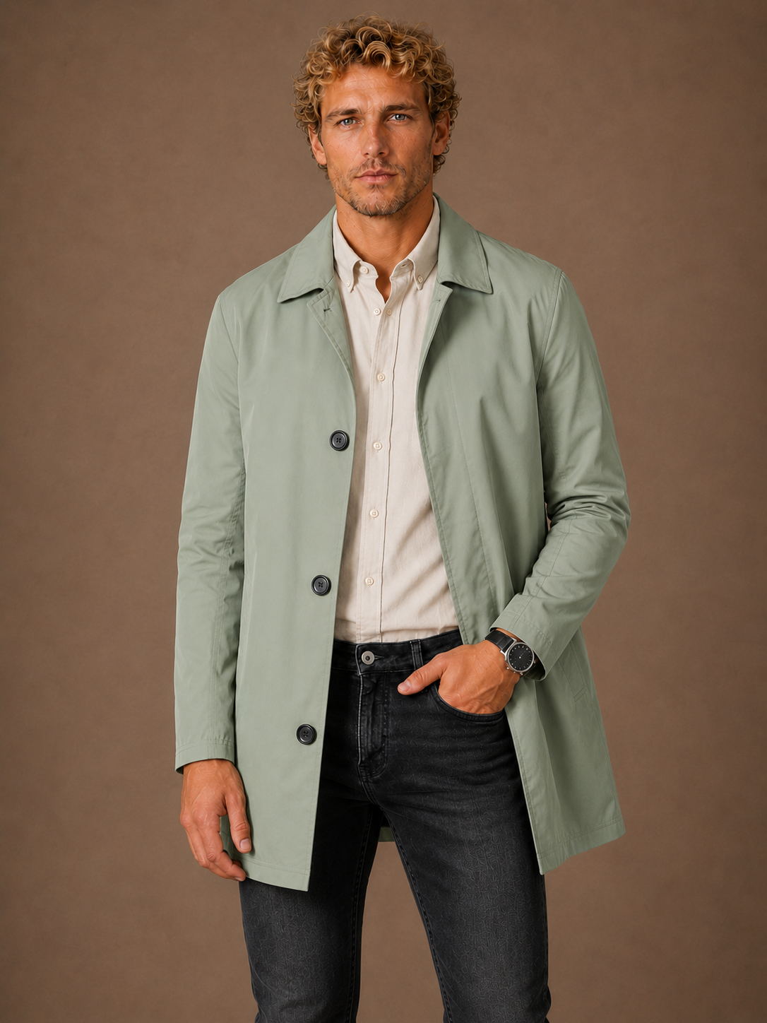 Men’s Long Waterproof Raincoat - Slim-Fit Trench Coat With Pocket Detail