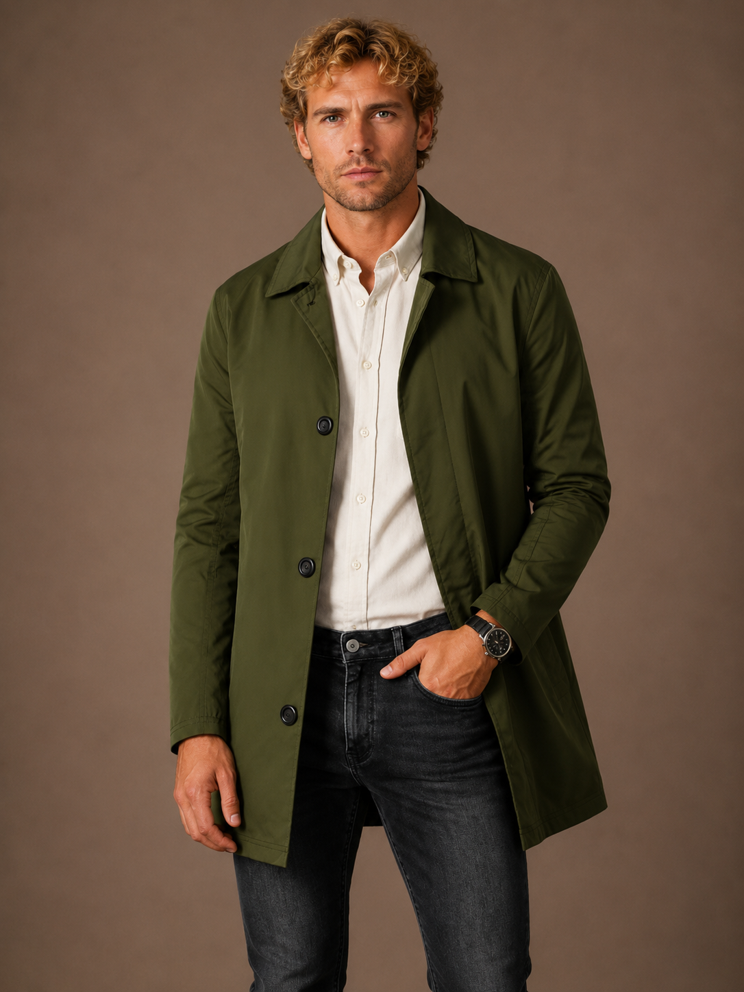 Men’s Long Waterproof Raincoat - Slim-Fit Trench Coat With Pocket Detail