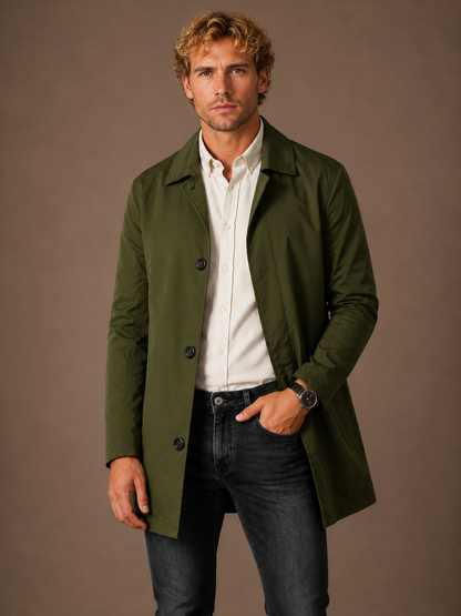 Men’s Long Waterproof Raincoat - Slim-Fit Trench Coat With Pocket Detail
