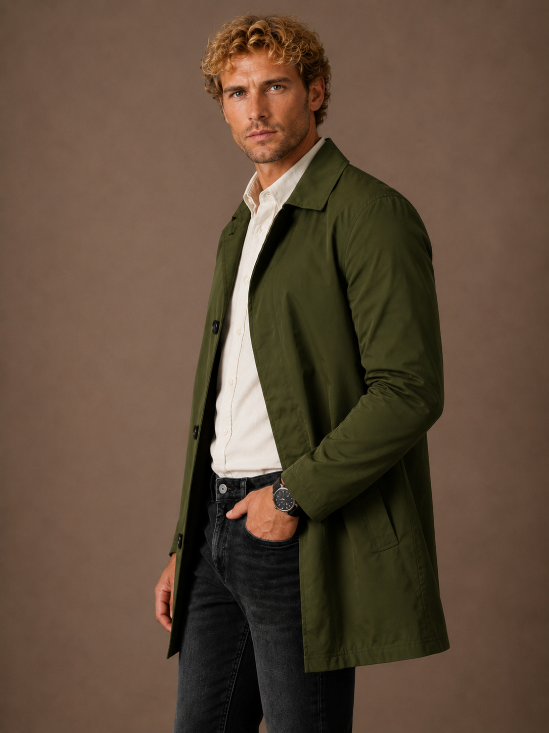 Men’s Long Waterproof Raincoat - Slim-Fit Trench Coat With Pocket Detail