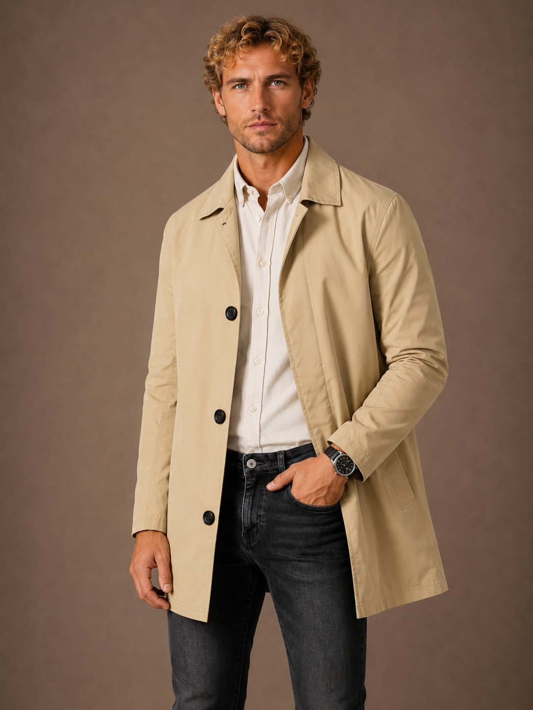 Men’s Long Waterproof Raincoat - Slim-Fit Trench Coat With Pocket Detail