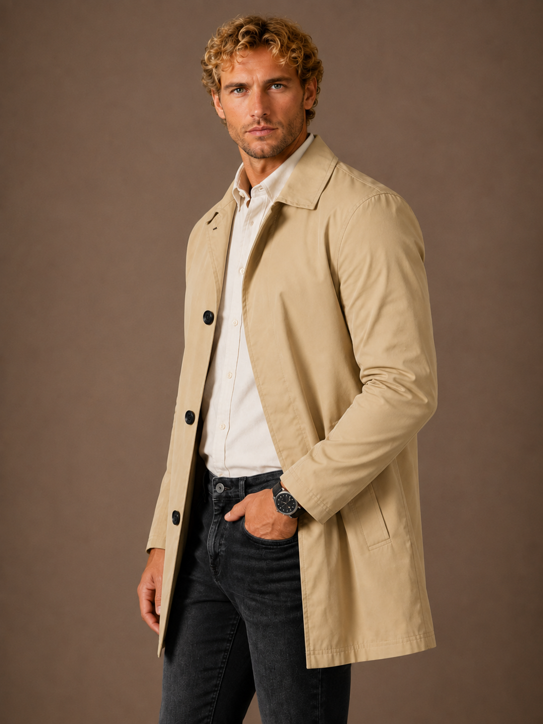 Men’s Long Waterproof Raincoat - Slim-Fit Trench Coat With Pocket Detail