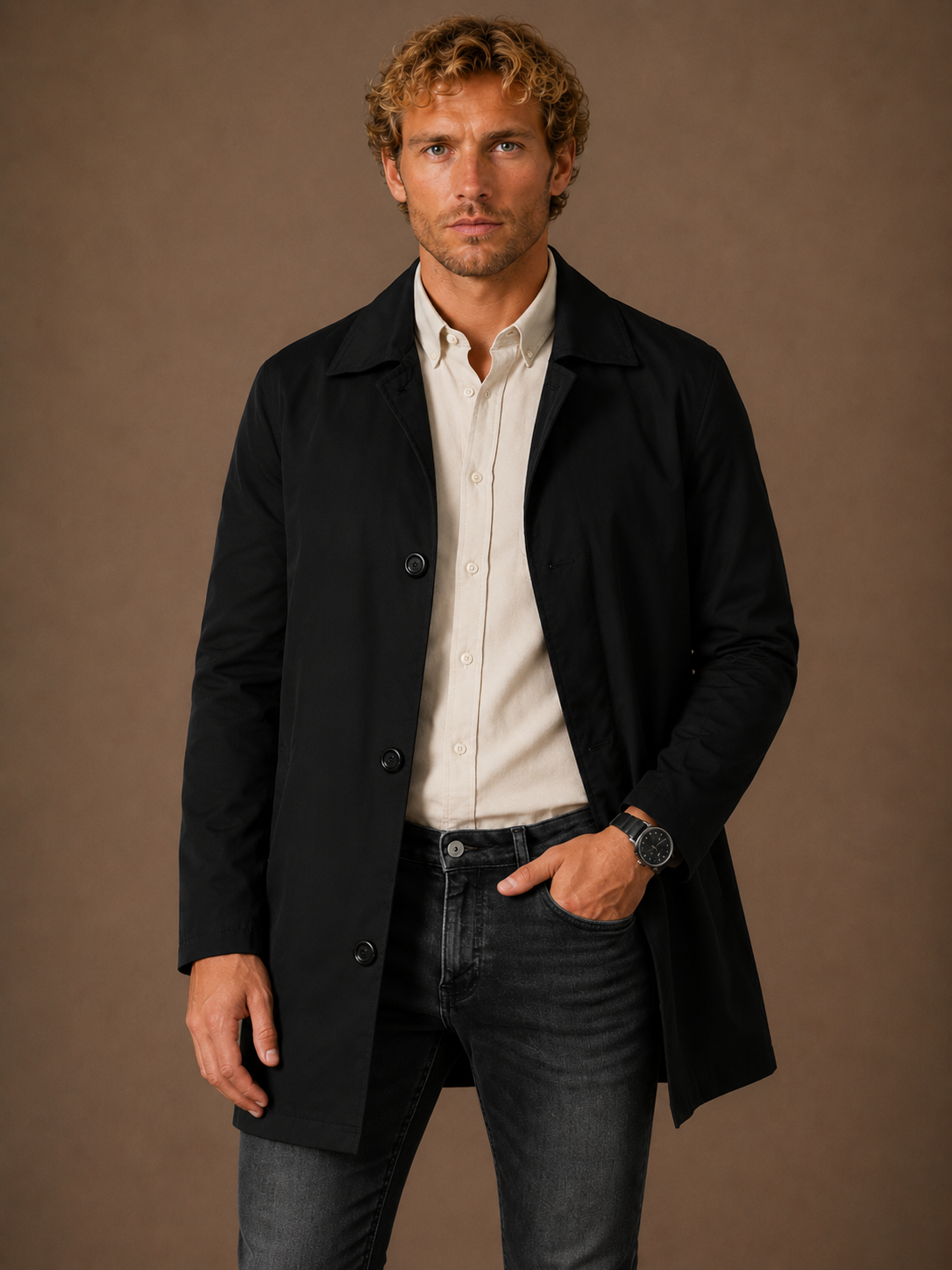 Men’s Long Waterproof Raincoat - Slim-Fit Trench Coat With Pocket Detail
