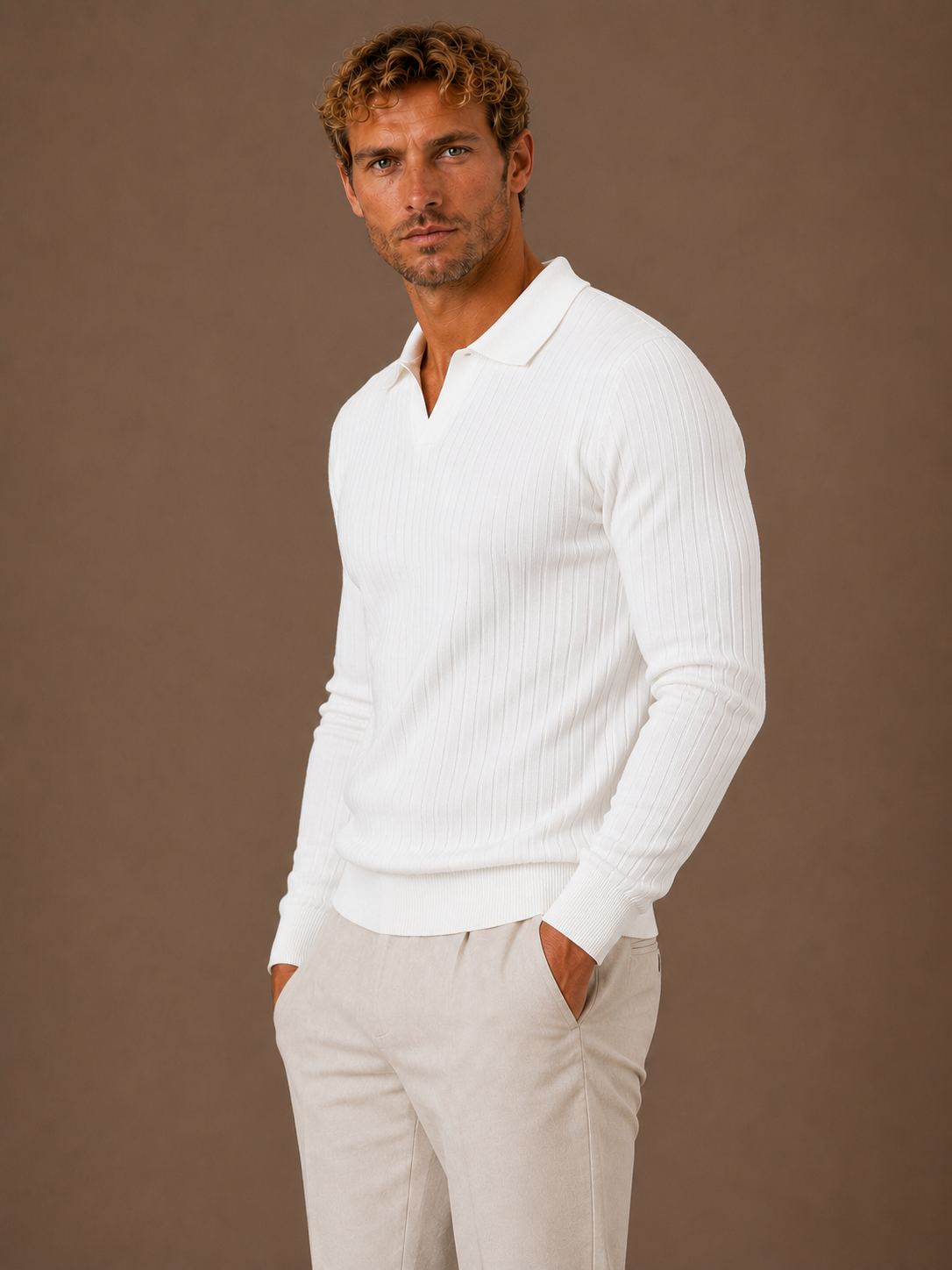 Men’s Ribbed Knit Polo Sweater Smart Casual Pullover Crew Neck