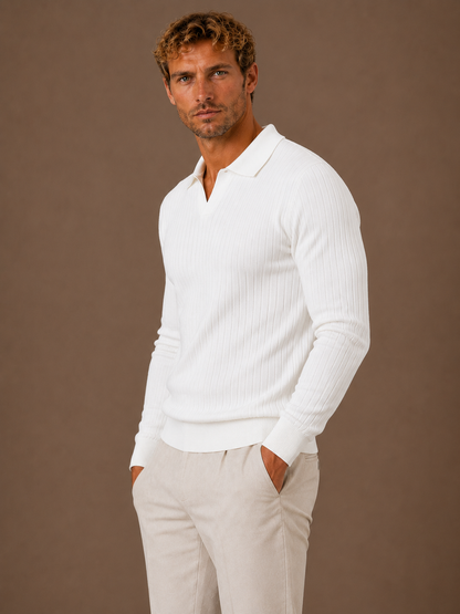 Men’s Ribbed Knit Polo Sweater Smart Casual Pullover Crew Neck
