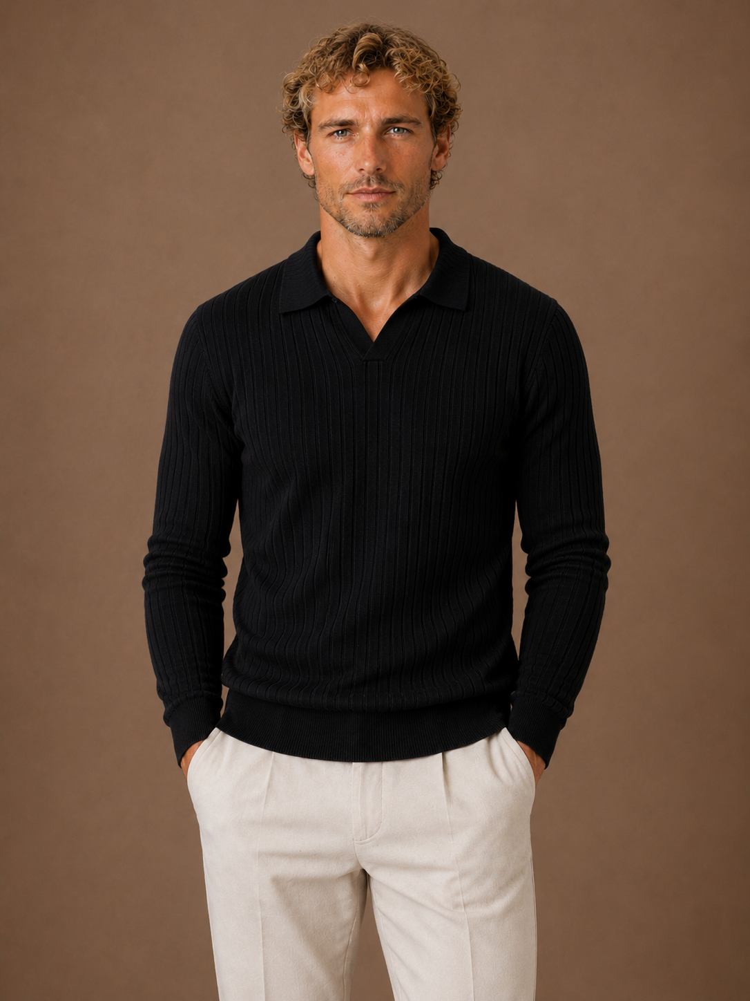 Men’s Ribbed Knit Polo Sweater Smart Casual Pullover Crew Neck