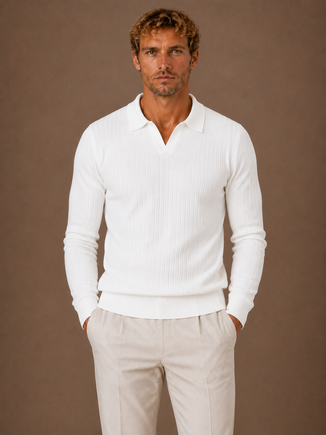 Men’s Ribbed Knit Polo Sweater Smart Casual Pullover Crew Neck