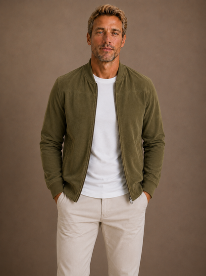Men's Suede Bomber Zip Jacket Lightweight Smart Casual Outerwear