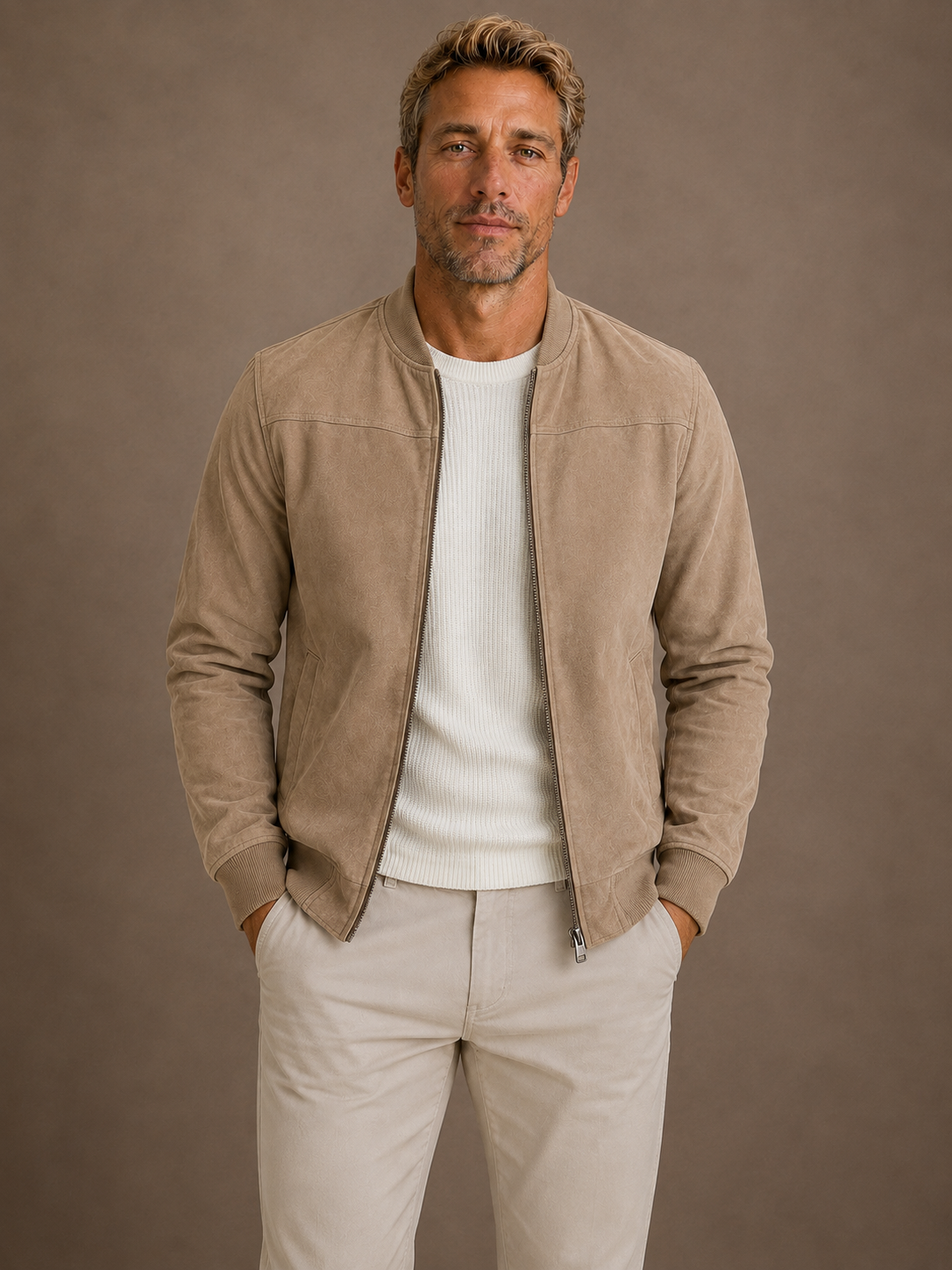 Men's Suede Bomber Zip Jacket Lightweight Smart Casual Outerwear