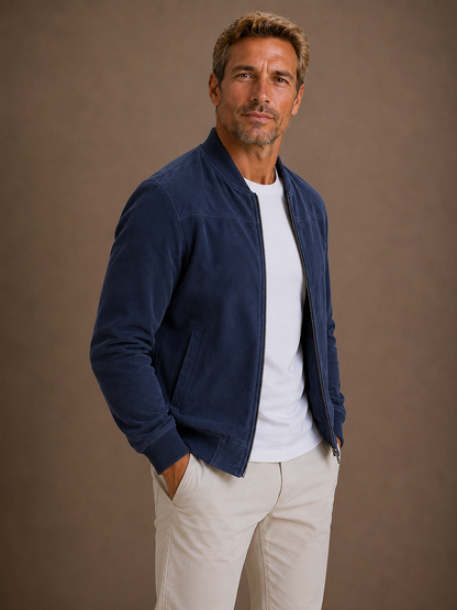 Men's Suede Bomber Zip Jacket Lightweight Smart Casual Outerwear