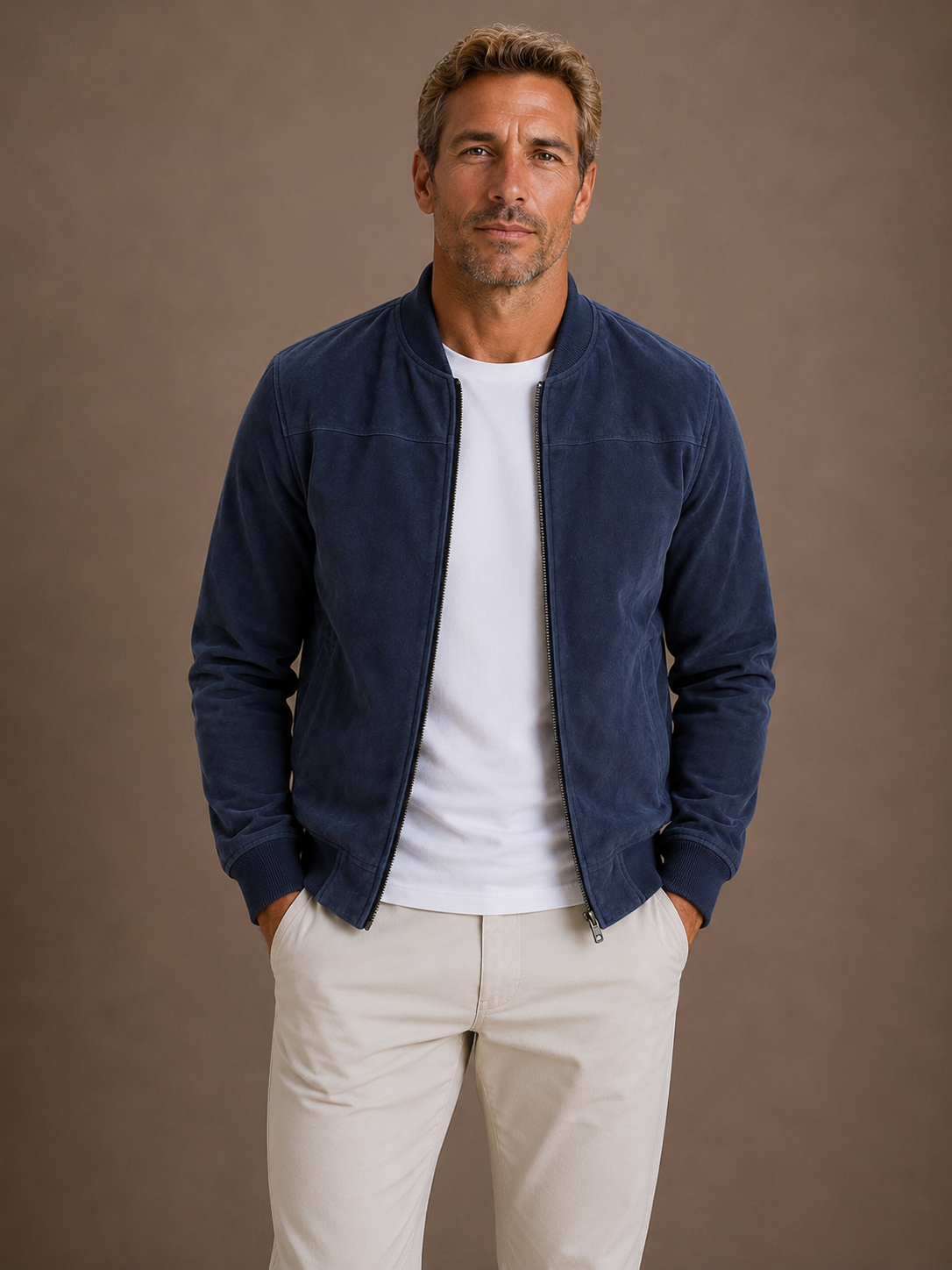 Men's Suede Bomber Zip Jacket Lightweight Smart Casual Outerwear