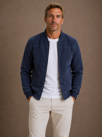 Men's Suede Bomber Zip Jacket Lightweight Smart Casual Outerwear