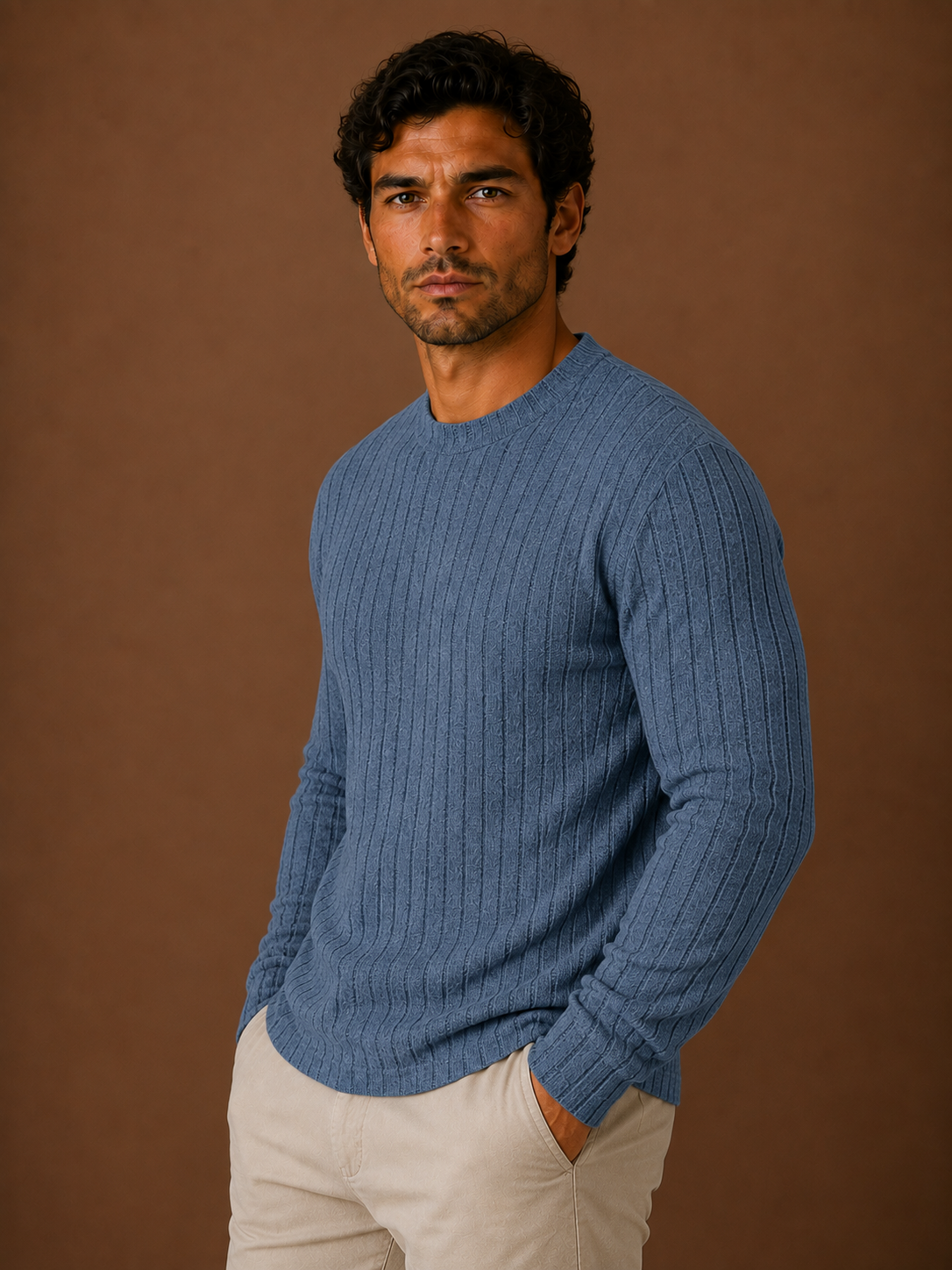 Men's Ribbed Knit Sweater - Fitted Knitted Crew Neck Jumper
