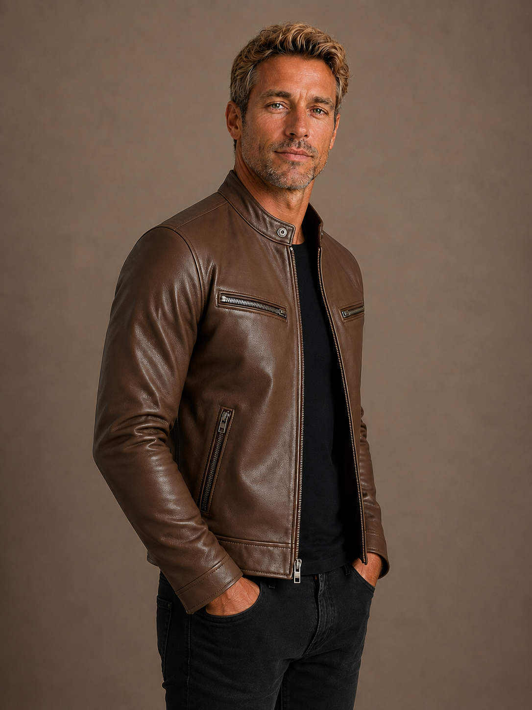 Men's Vintage Leather Bomber Jacket Fitted Biker Coat