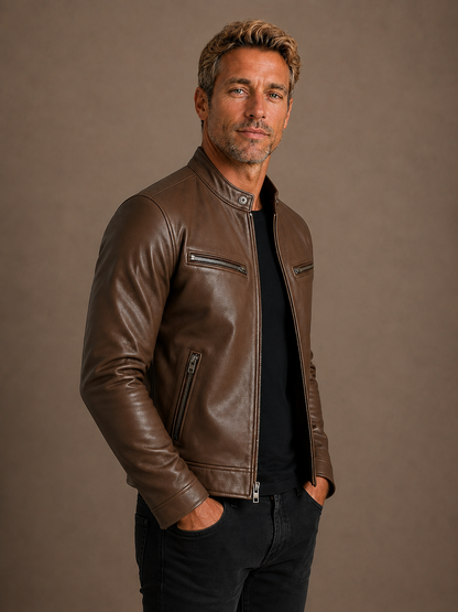 Men's Vintage Leather Bomber Jacket Fitted Biker Coat