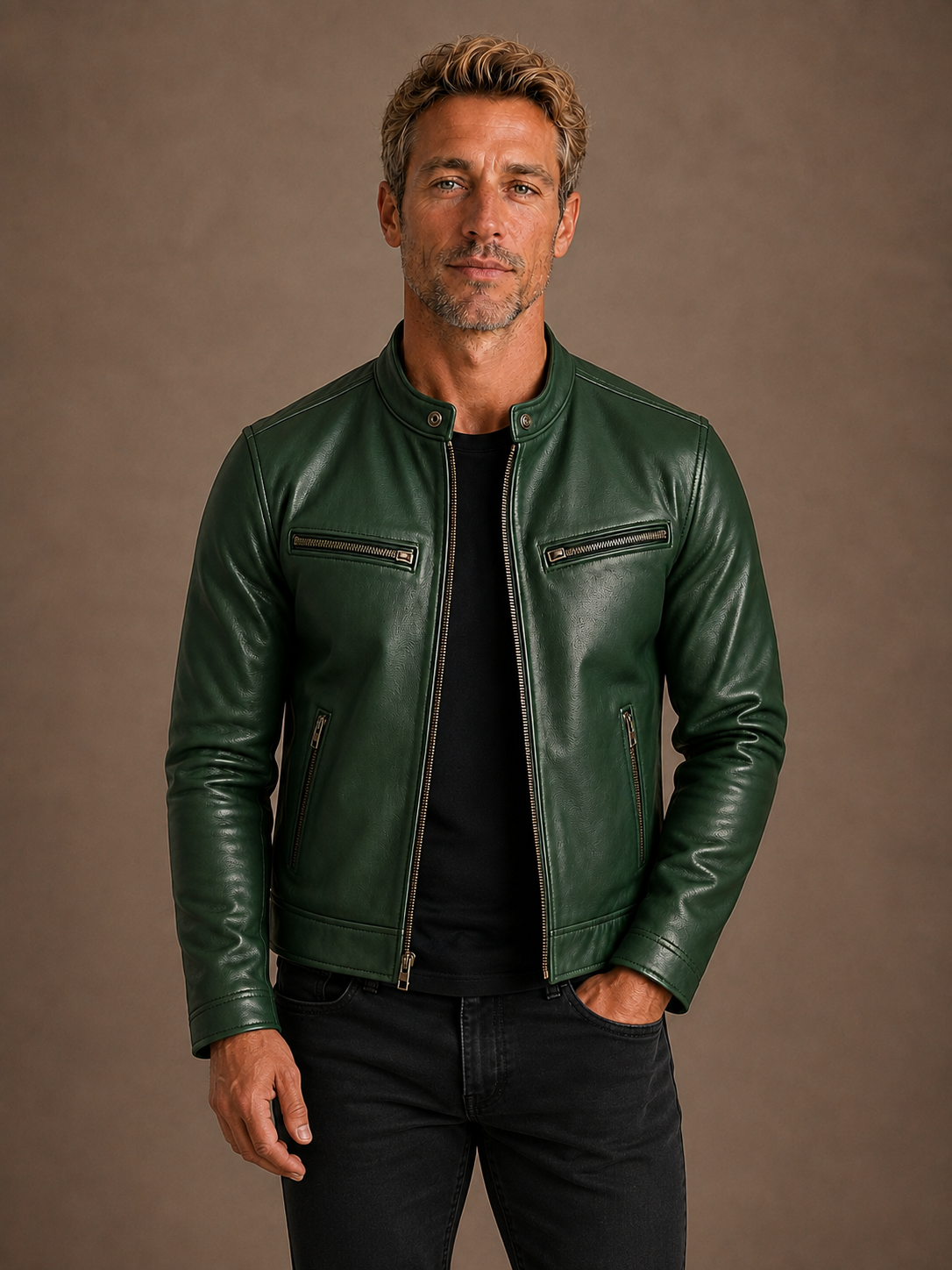Men's Vintage Leather Bomber Jacket Fitted Biker Coat