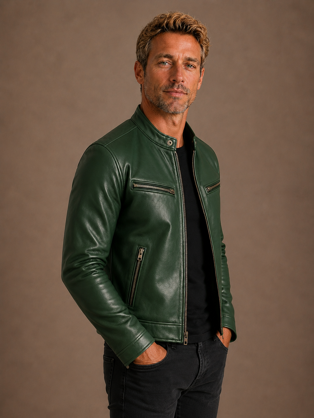 Men's Vintage Leather Bomber Jacket Fitted Biker Coat