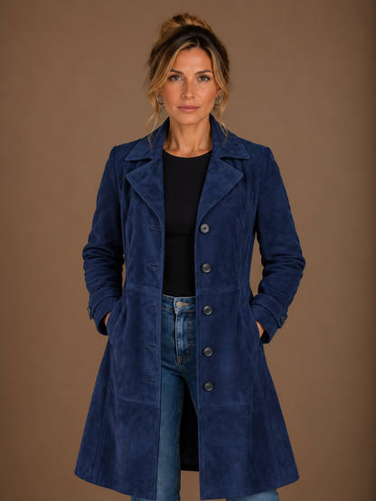 Women's Vintage Suede Longline Coat - Long Button Up Trench Jacket