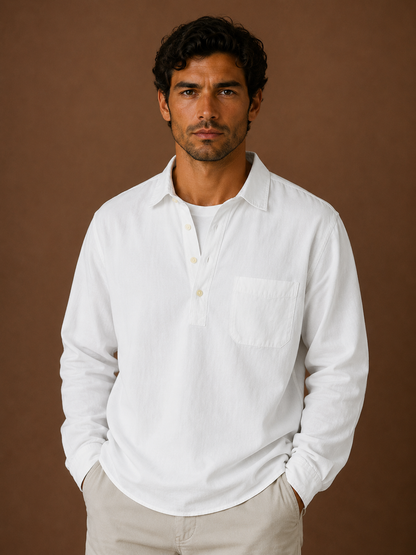 Men's Popover Shirt Cotton Linen Blend Half Button Chest Pocket Relaxed