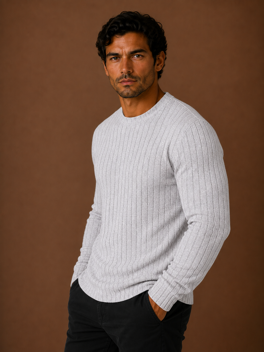 Men's Ribbed Knit Sweater - Fitted Knitted Crew Neck Jumper