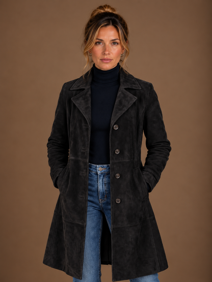 Women's Vintage Suede Longline Coat - Long Button Up Trench Jacket