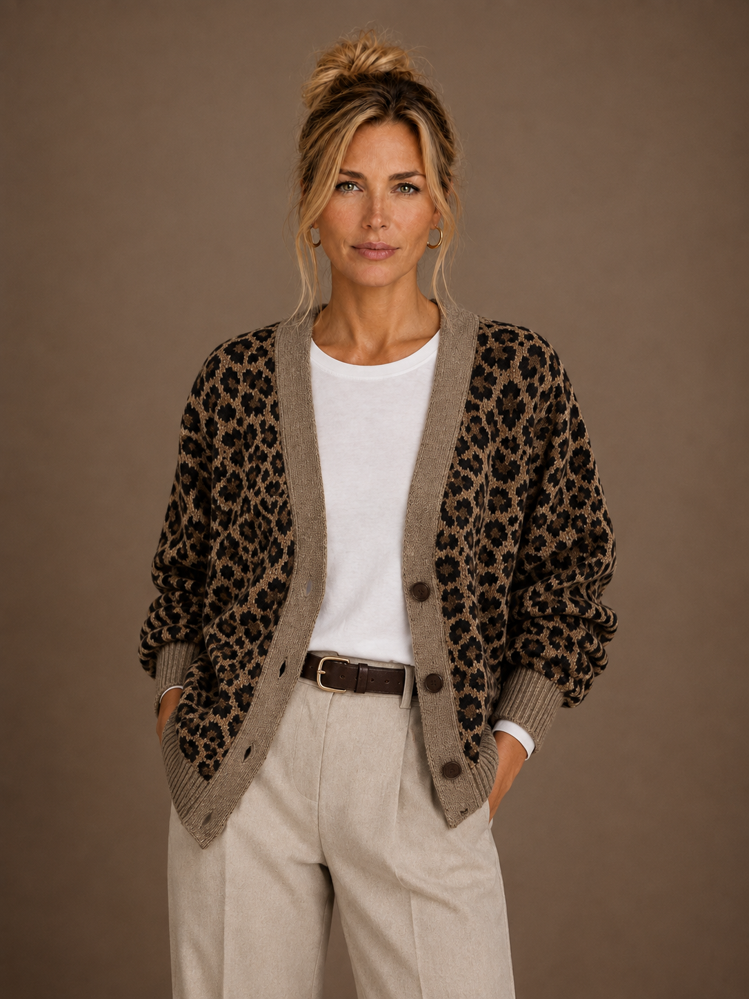 Women's Knit Leopard Print Cardigan Long-Sleeve Fine Sweater