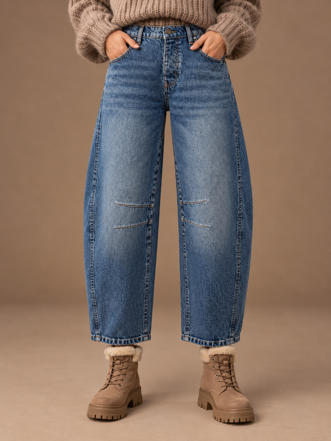 Women's Leopard Print Barrel-Leg Jeans, Mid-Rise Ankle-Length Wide-Leg Denim Trousers