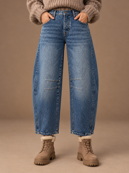 Women's Leopard Print Barrel-Leg Jeans, Mid-Rise Ankle-Length Wide-Leg Denim Trousers