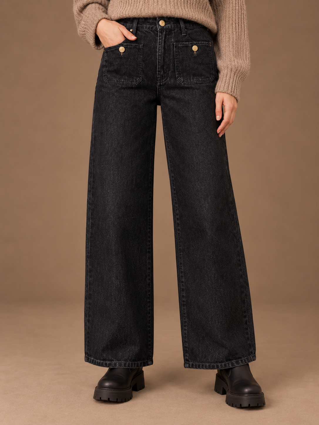 Women's High Waisted Jeans with Front Pockets - Wide Leg Denim Trousers