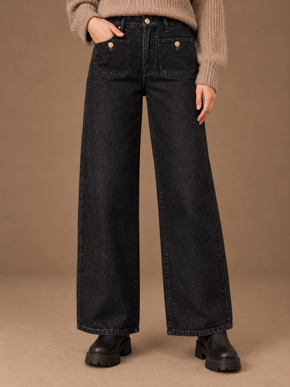Women's High Waisted Jeans with Front Pockets - Wide Leg Denim Trousers