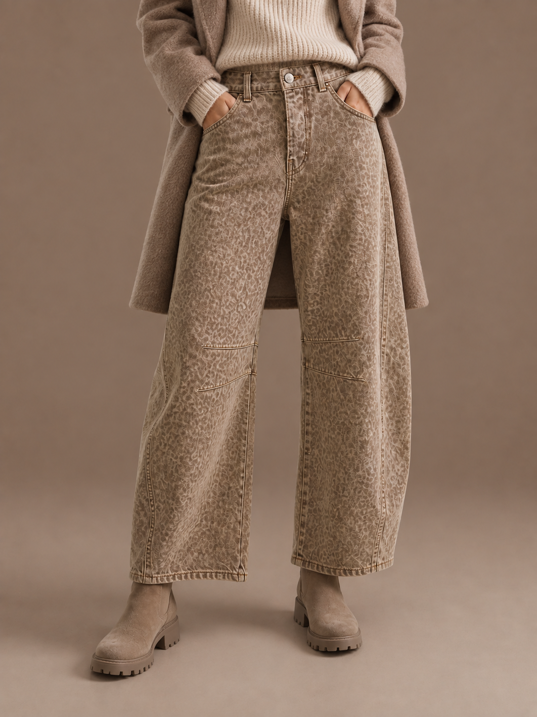 Women's Leopard Print Barrel-Leg Jeans, Mid-Rise Ankle-Length Wide-Leg Denim Trousers