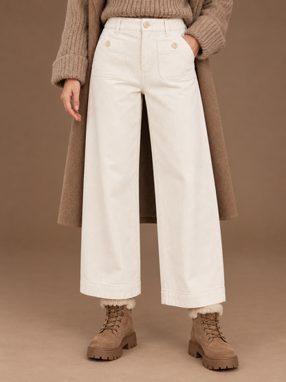 Women's High Waisted Jeans with Front Pockets - Wide Leg Denim Trousers