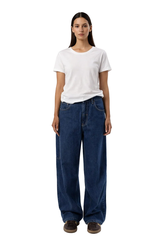 Dark Blue Denim Wide-Leg Jeans with Full-Length Silhouette