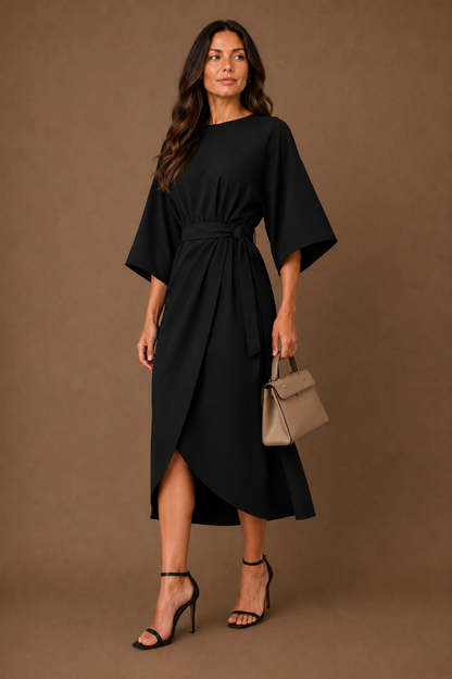 Women's Elegant Fitted Midi Dress Belted Wrap Skirt With Puff Sleeves