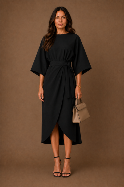 Women's Elegant Fitted Midi Dress Belted Wrap Skirt With Puff Sleeves