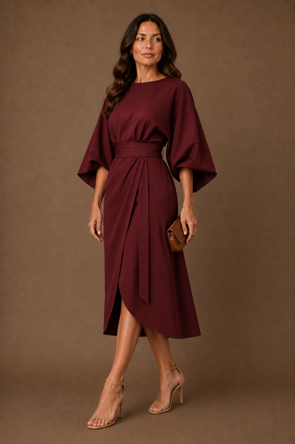 Women's Elegant Fitted Midi Dress Belted Wrap Skirt With Puff Sleeves