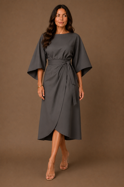Women's Elegant Fitted Midi Dress Belted Wrap Skirt With Puff Sleeves