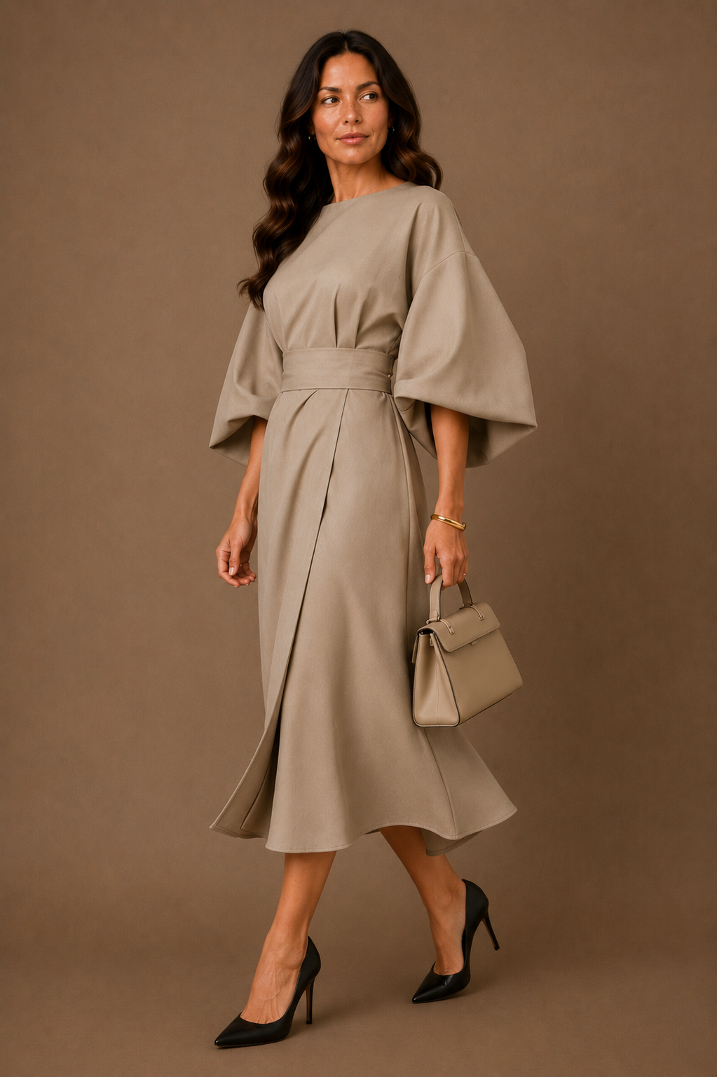 Women's Elegant Fitted Midi Dress Belted Wrap Skirt With Puff Sleeves