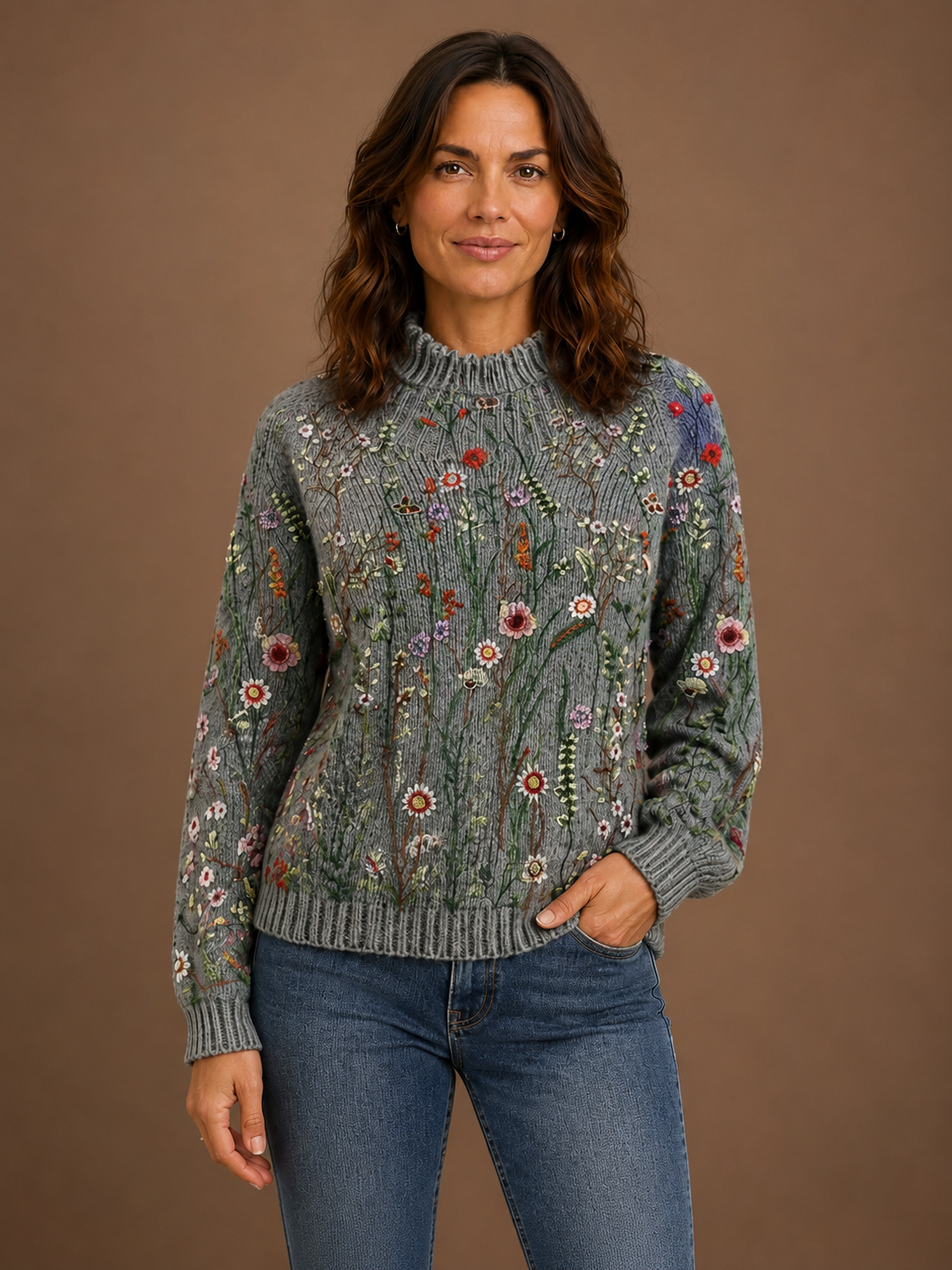 Women's Vintage Floral Knit Sweater Chunky Knitted Cardigan Jumper
