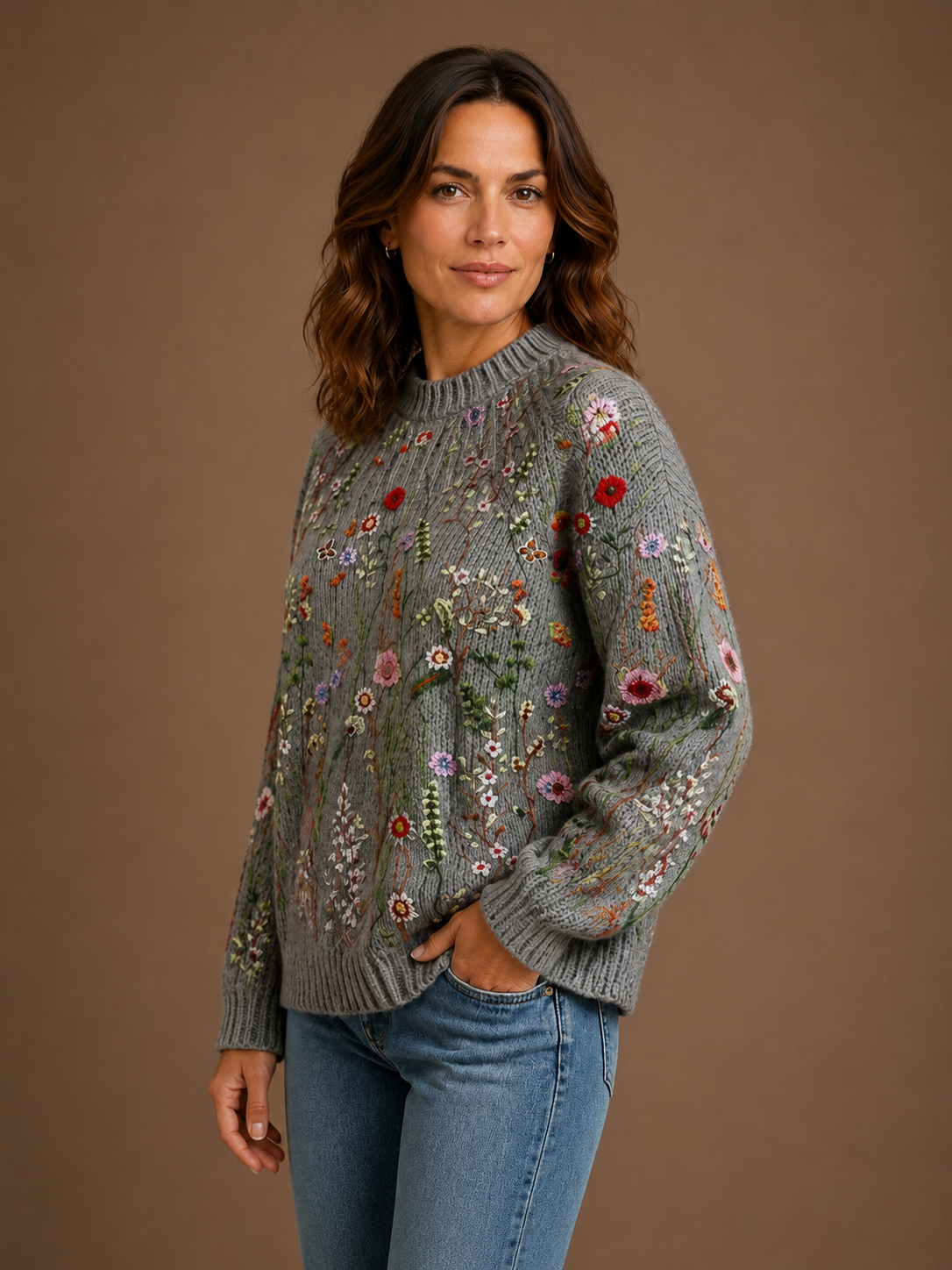 Women's Vintage Floral Knit Sweater Chunky Knitted Cardigan Jumper
