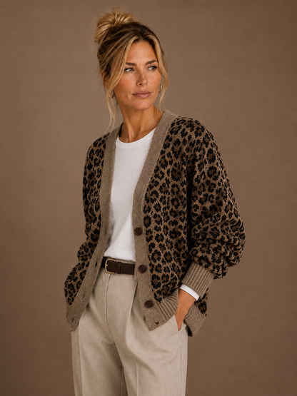 Women's Knit Leopard Print Cardigan Long-Sleeve Fine Sweater