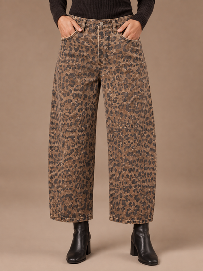 Women's Leopard Print Barrel-Leg Jeans, Mid-Rise Ankle-Length Wide-Leg Denim Trousers