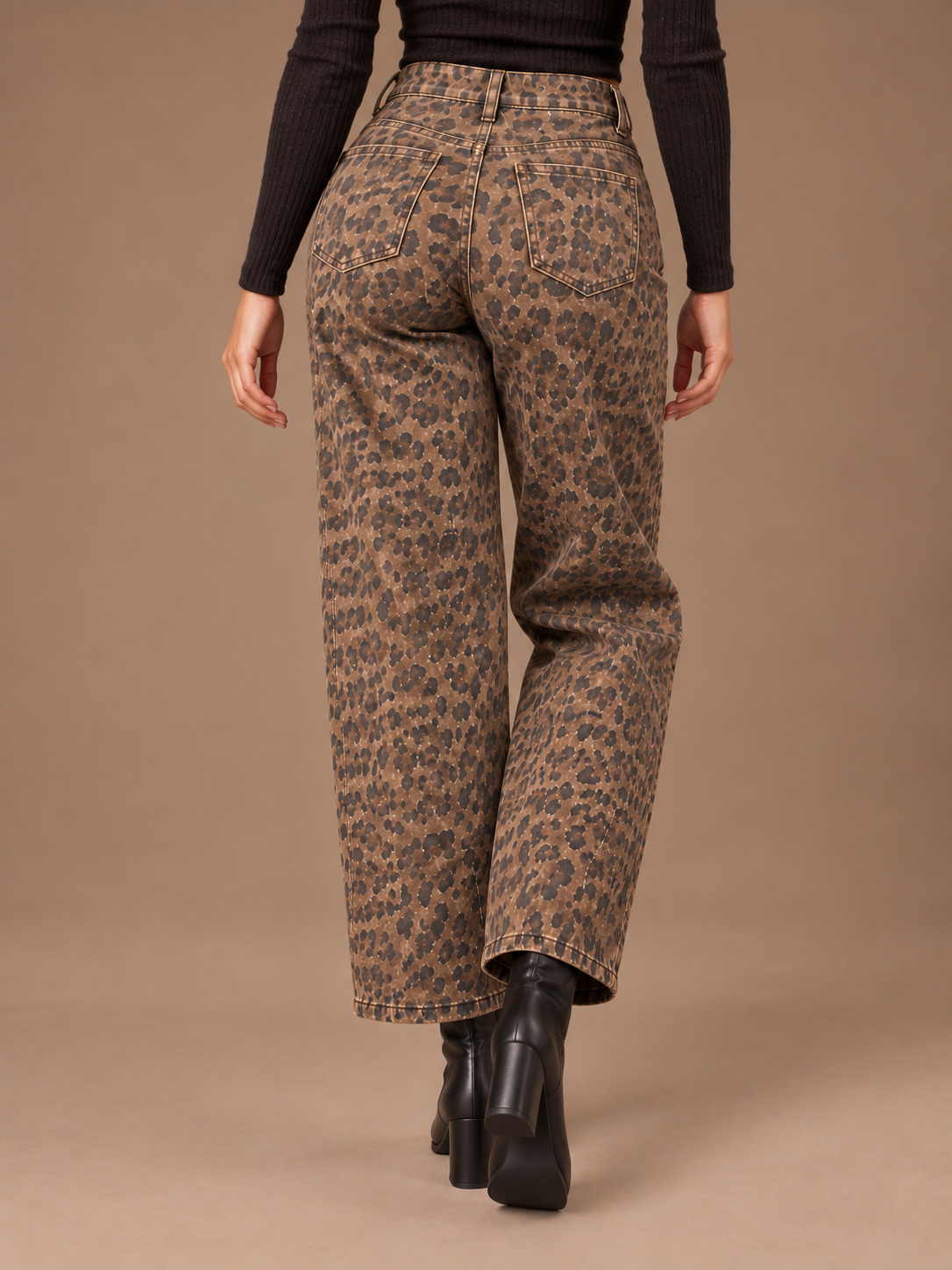 Women's Leopard Print Barrel-Leg Jeans, Mid-Rise Ankle-Length Wide-Leg Denim Trousers