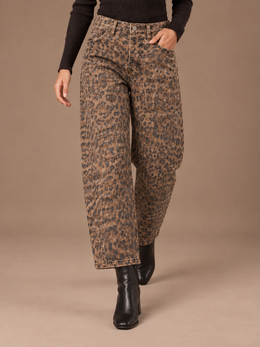 Women's Leopard Print Barrel-Leg Jeans, Mid-Rise Ankle-Length Wide-Leg Denim Trousers