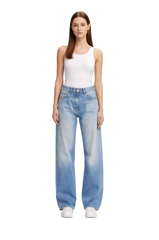 Light Blue Denim Wide-Leg Jeans with Layered Waistband